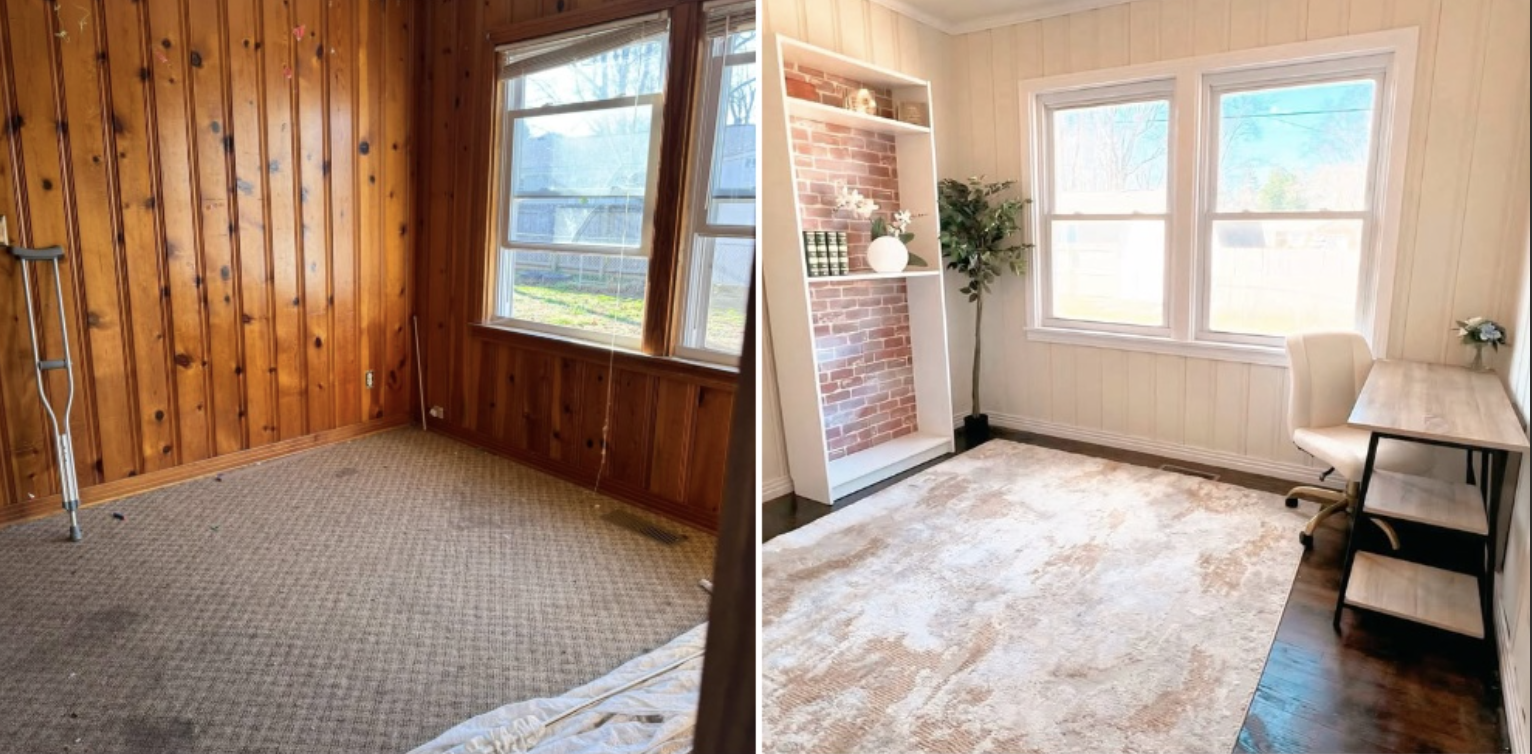 Before and after home renovation in Maury County, TN — dated wood-paneled room restored into a bright modern room by Nicholas Properties LLC